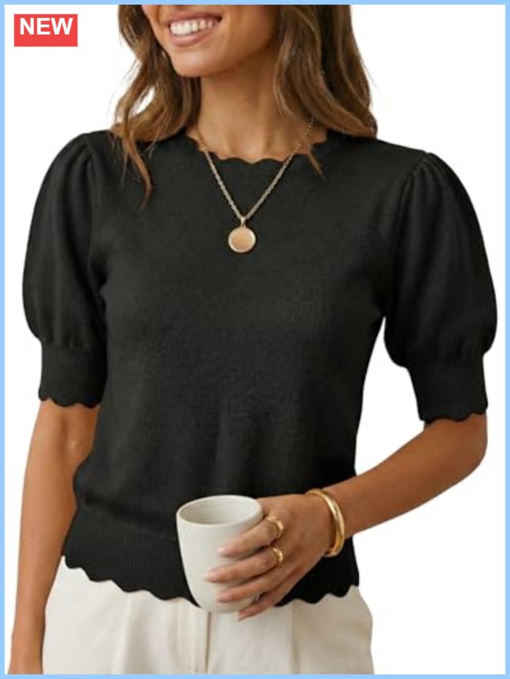 Women's Short Sleeve Knit Sweater Scalloped Crewneck Puff Sleeve Pullover